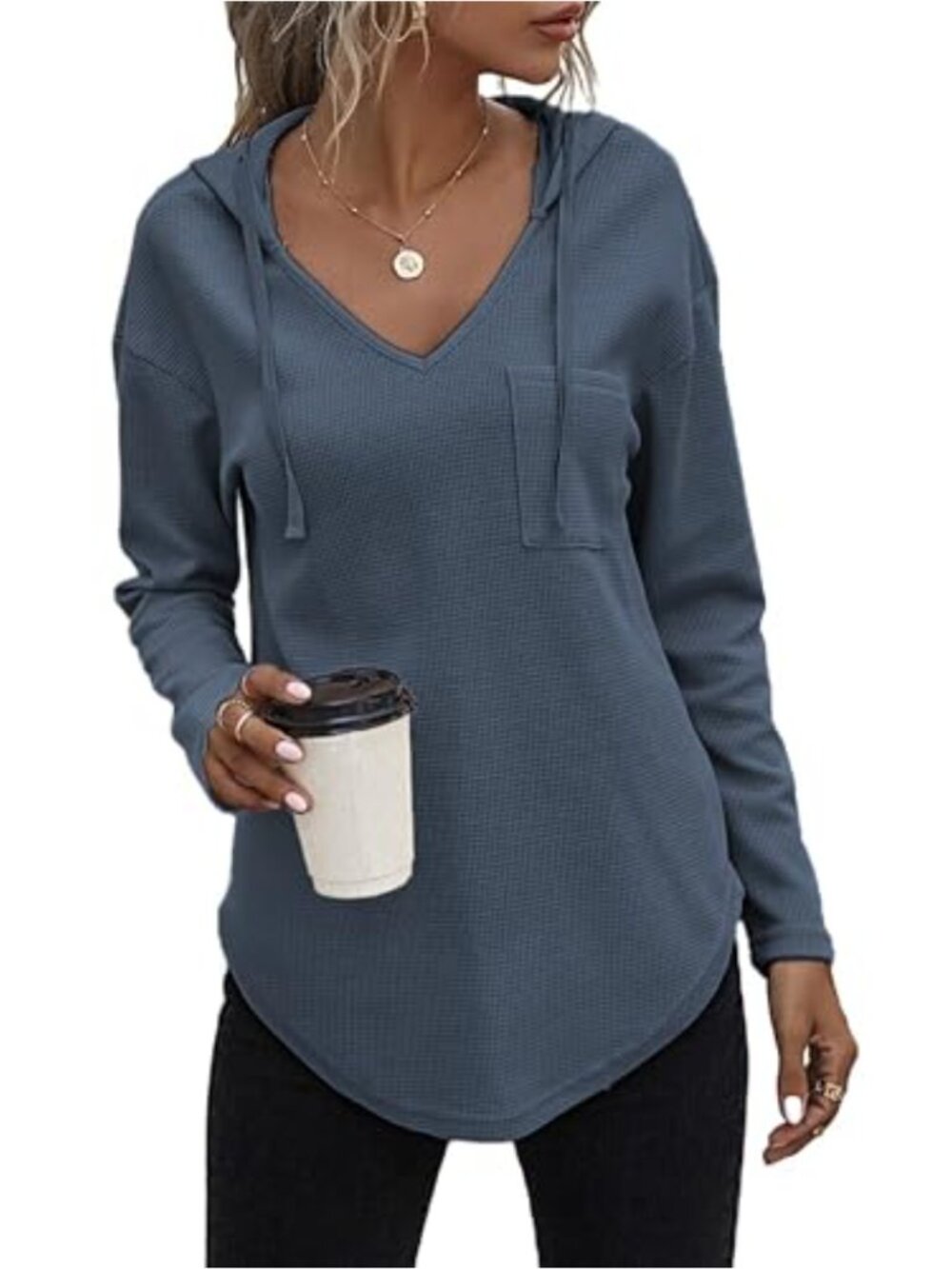 Womens Waffle Knit Hooded Tunic Sweatshirt Long Sleeve Drawstring